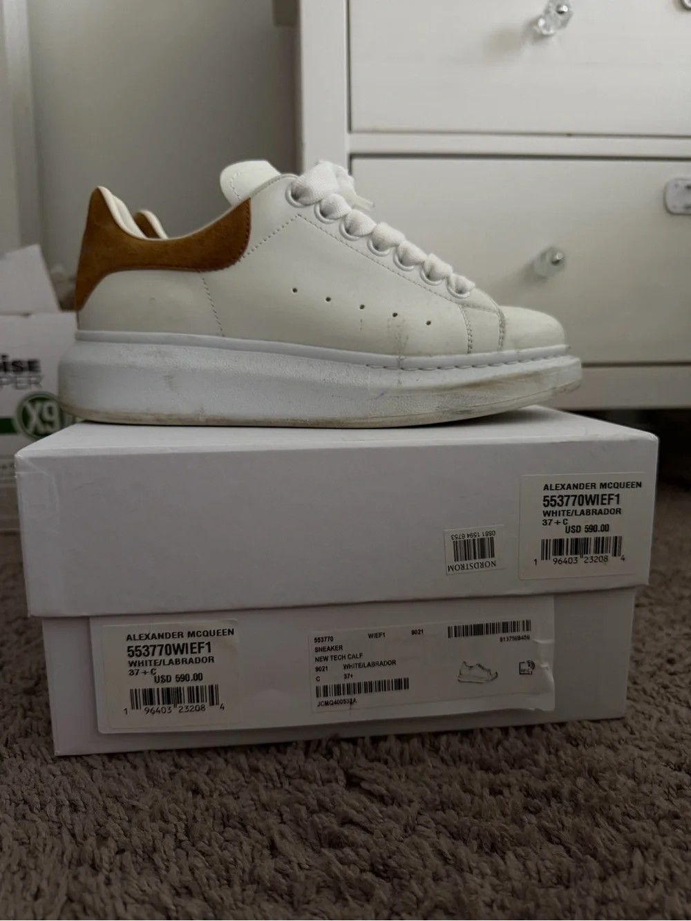 Alexander McQueen White Leather Sneakers with Brown Heel Tab